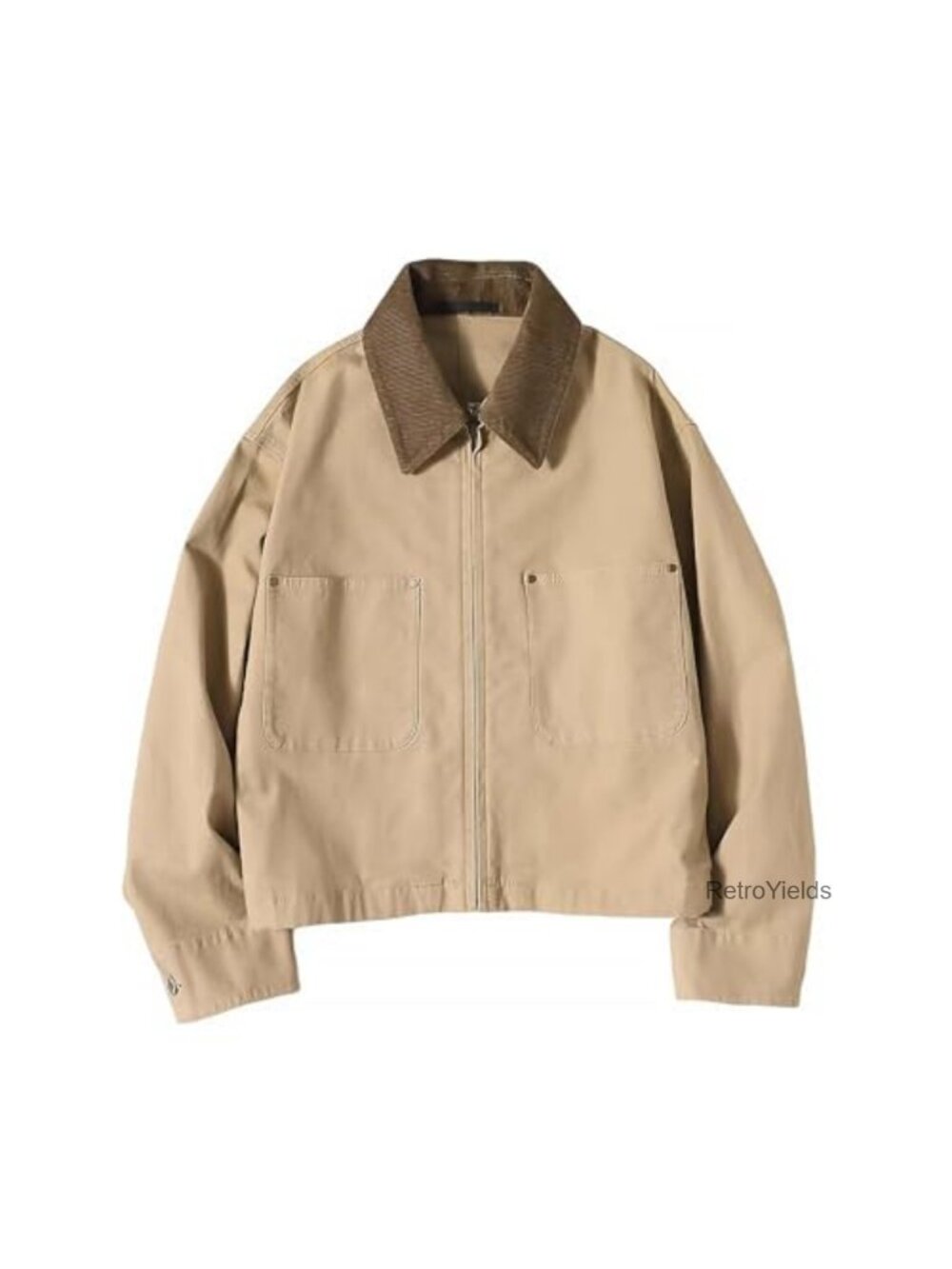 Cropped Cotton Canvas Barn Jacket Corduroy Collar Zip Utility Coat